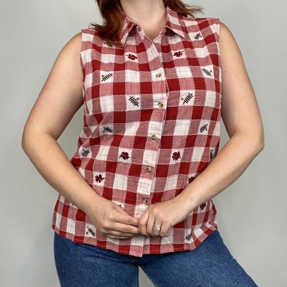 Vintage 90s XL Floral Embroidered Gingham Print Sleeveless Button Down Blouse - Picture 7 of 12